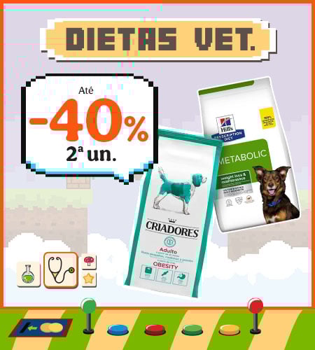 Até 40% de desconto na 2.ª unidade de dietas veterinárias para cães.