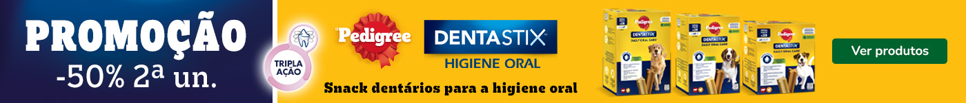 2.ª unidade com 50% de desconto em snack dental Dentastix para cães.