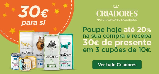 Promoção Criadores: 30€ de oferta na compra de ração para cão ou gato.