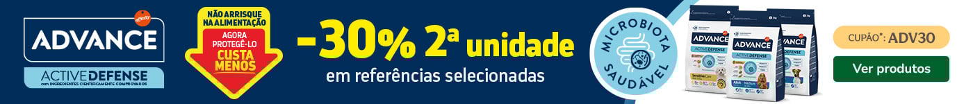 30% de desconto na 2ª unidade de ração Advance para cão na Tiendanimal. Aproveite esta promoção para cuidar da alimentação do seu pet com qualidade e poupança.