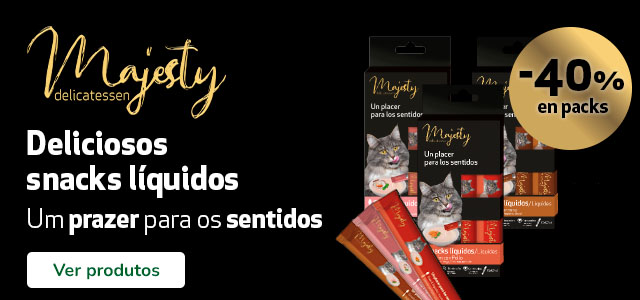 Majesty: 40% de desconto em packs de 36 snacks líquidos para gato.