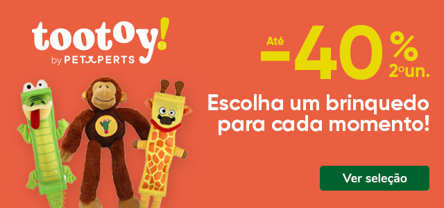 Até 40% de desconto na 2ª unidade de brinquedos para cão.