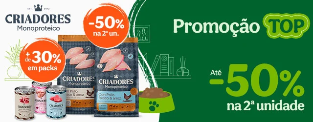 Criadores Monoproteico: 50% de desconto na 2ª unidade de ração e + de 30% de desconto em packs de alimento húmido para cão.