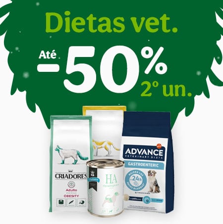 Dietas veterinárias: Até 50% de desconto na 2ª unidade de ração e húmidos para cão e gato.