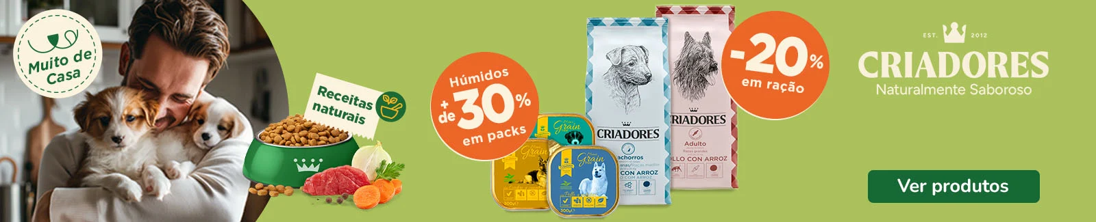 Criadores: 20% de desconto em + de 30% de desconto em packs de alimento h&uacute;mido para c&atilde;o.