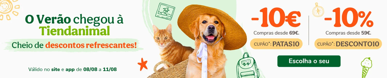 10€ de desconto em compras desde 69€ ou 10% de desconto em compras desde 49€ com os cupões PATAS10 ou DESCONTO10