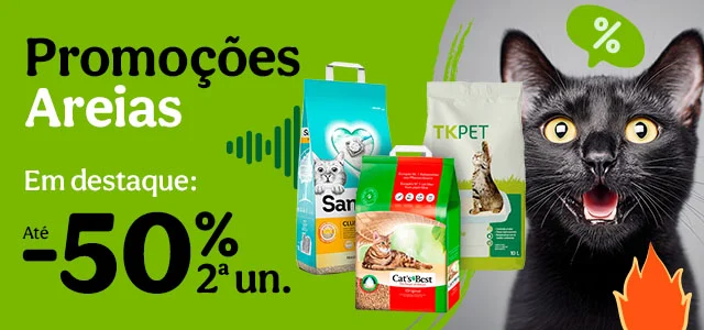 Até 50% de desconto na 2ª unidade de areia para o seu gato.