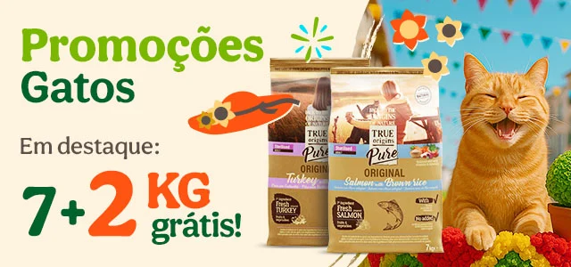 7+2 unidades grátis e 70% de desconto na segunda unidade numa seleção de ração para gatos True Origins Pure.