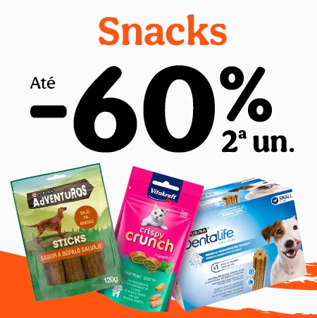 Até 60% de desconto na 2ª unidade de snacks para o seu patudo.