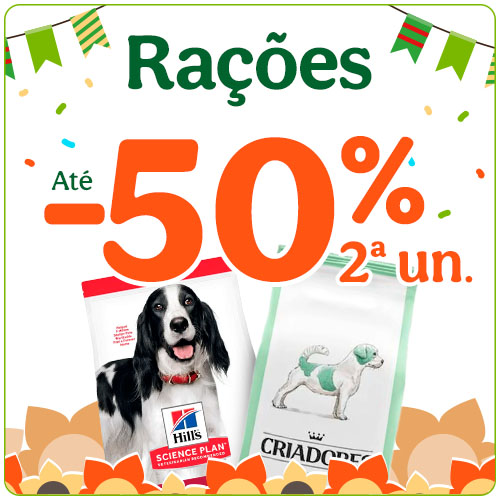 Até 50% de desconto na 2.ª unidade de ração para cães.