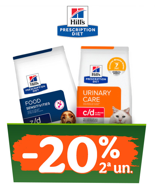 Até 20% de desconto na 2ª unidade de uma seleção de ração (sacos grandes) para cão da Hill's Prescription Diet.