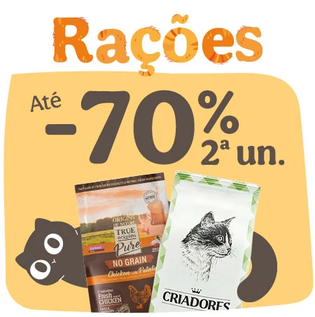 Ração para gatos com até 70% de desconto na 2.ª unidade.