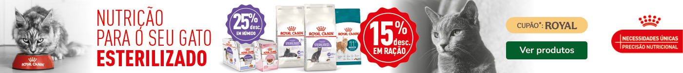 Royal Canin: 15% de desconto em ração e 25% de desconto em packs de alimento húmido para gato.