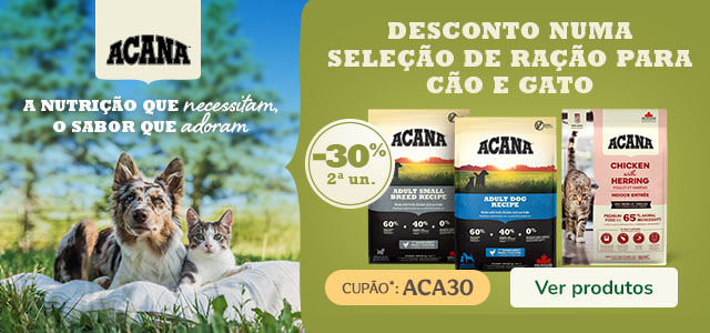 Acana: 30% de desconto na 2ª unidade em ração para o seu patudo.
