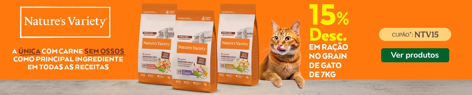 Nature's Variety No Grain: 15% de desconto em ra&ccedil;&atilde;o para gatos.