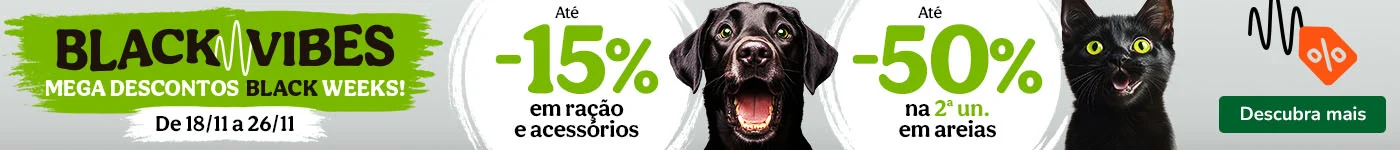 Até 15% de desconto em alimentação e até 50% de desconto em acessórios para o seu patudo.