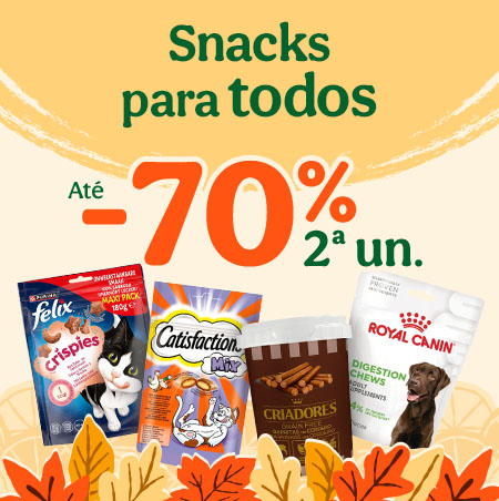 Até 50% de desconto na 2ª unidade de snacks para o seu patudo.