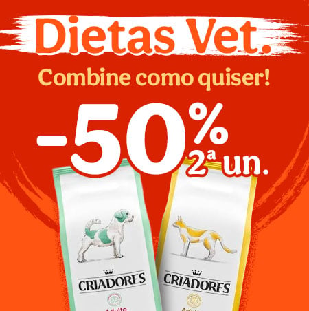 50% de desconto na segunda unidade de rações veterinárias para o seu patudo.