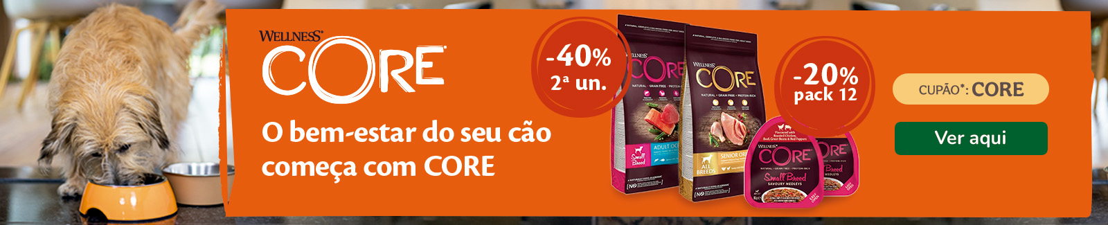 2.ª unidade com 40% de desconto em ração Wellness Core e 20% em húmido para cães