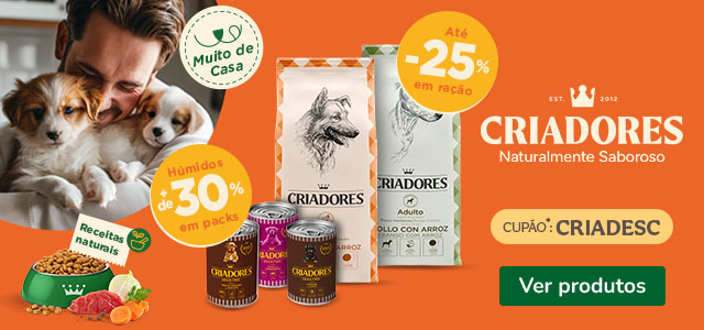 Criadores: Até 25% de desconto em ração e + de 30% de desconto em packs de alimento húmido para cão.
