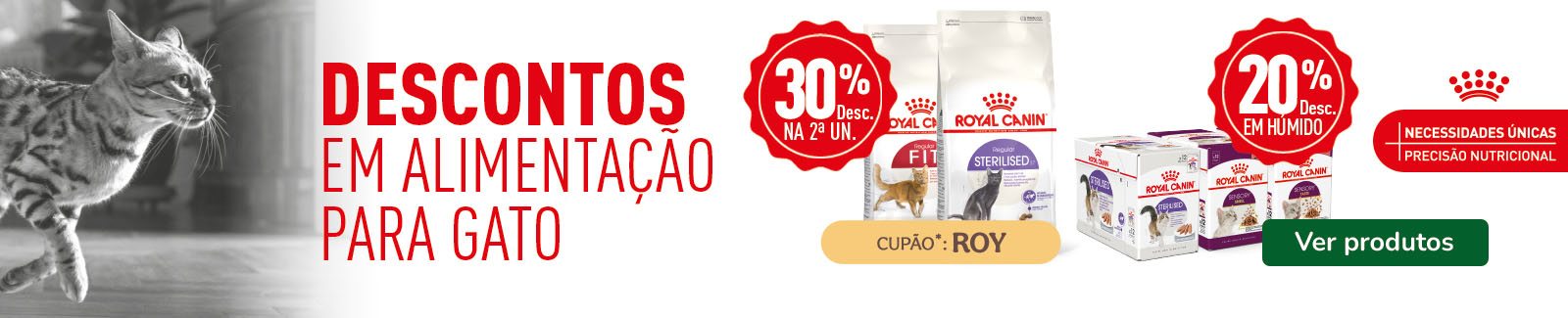 Royal Canin: 30% de desconto na 2.&ordf; unidade de ra&ccedil;&atilde;o e 20% de desconto em packs de alimenta&ccedil;&atilde;o h&uacute;mida para gatos.