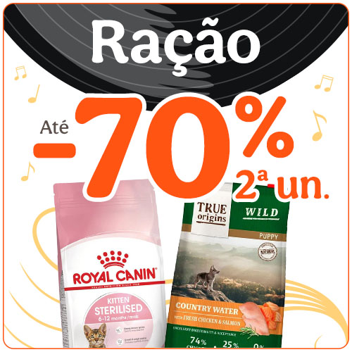Até 70% de desconto na 2ª unidade de ração para gato.
