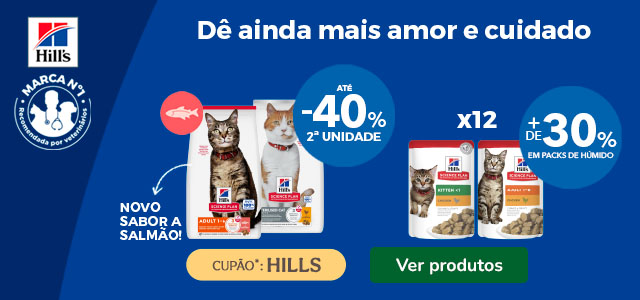 Hill’s Science Plan: Até 40% de desconto na 2.ª unidade de ração e mais 30% de desconto em packs de comida húmida para gatos.
