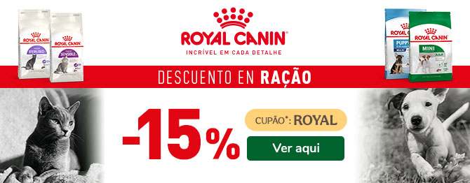 15% de desconto numa seleção de ração para cão e gato da Royal Canin. Promoção válida em alimentação seca formulada para as necessidades específicas dos patudos.