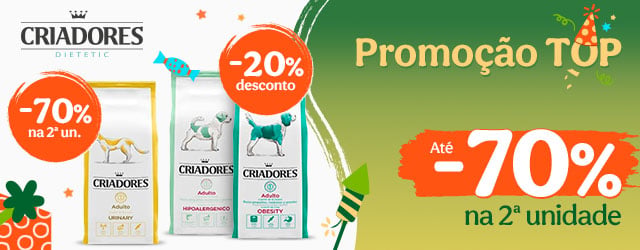 Criadores: 20% de desconto em ração veterinária para cães e até 70% de desconto na 2.ª unidade de ração veterinária para gatos.