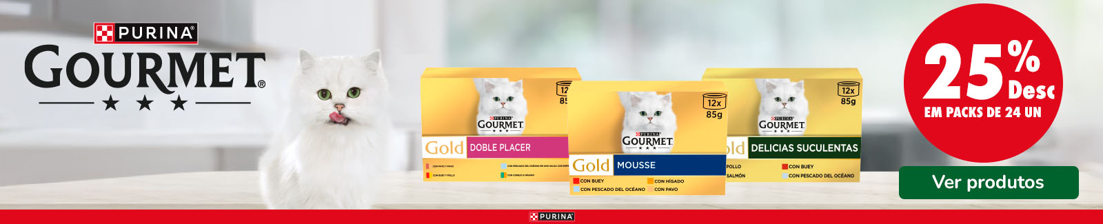Gourmet: 25% de desconto em packs de 24 unidade de alimento h&uacute;mido para gato.