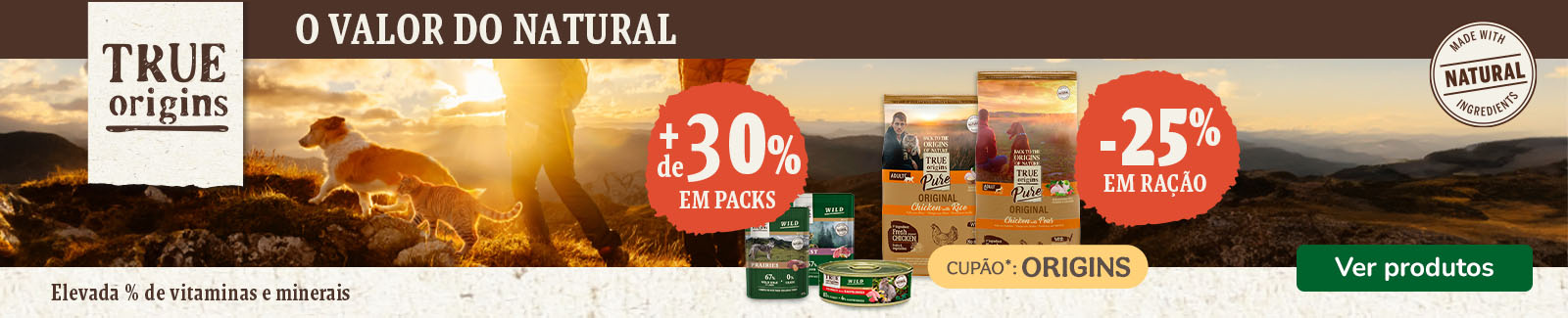 True Origins: At&eacute; 25% de desconto em ra&ccedil;&atilde;o e +30% de desconto em packs de alimenta&ccedil;&atilde;o h&uacute;mida para o seu patudo.