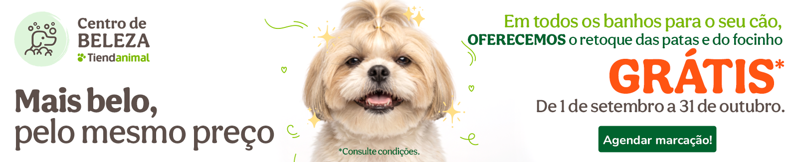 Em todos os banhos para o seu c&atilde;o, oferecemos o retoque das patas e do focinho GR&Aacute;TIS. S&oacute; de 1 de Setembro a 31 de Outubro.