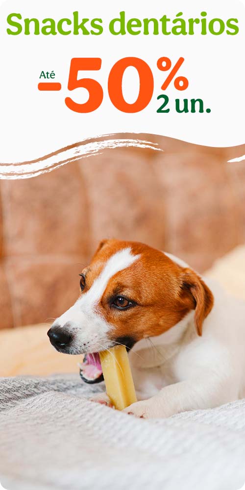 Até 50% de desconto na 2ª unidade de snacks dentários para o seu patudo.