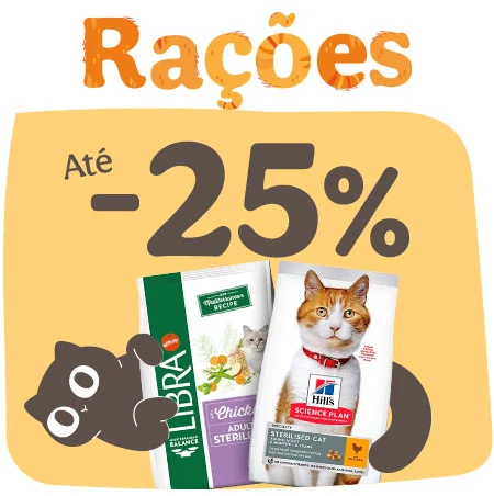 Até 25% de desconto em rações para gatos.