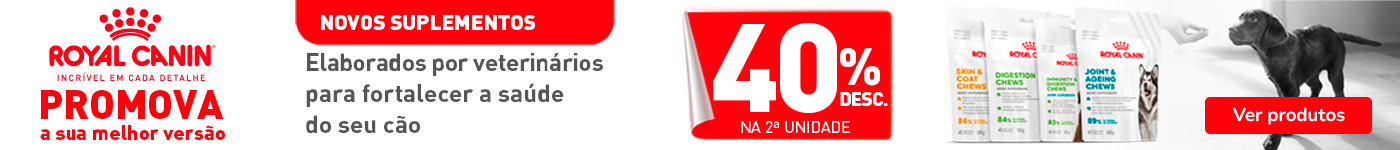 Desconto de 40% na 2ª unidade em suplementos nutricionais para gatos da Royal Canin. Promoção válida numa seleção de produtos de apoio à saúde e bem-estar dos patudos felinos.