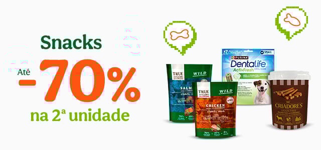 Snacks com até 70% de desconto na 2.ª unidade para cães e gatos.
