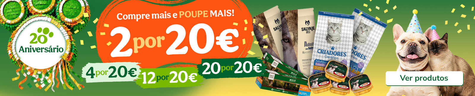 Promo&ccedil;&otilde;es especiais do 20.&ordm; anivers&aacute;rio em ra&ccedil;&atilde;o e comida h&uacute;mida para o seu patudo.