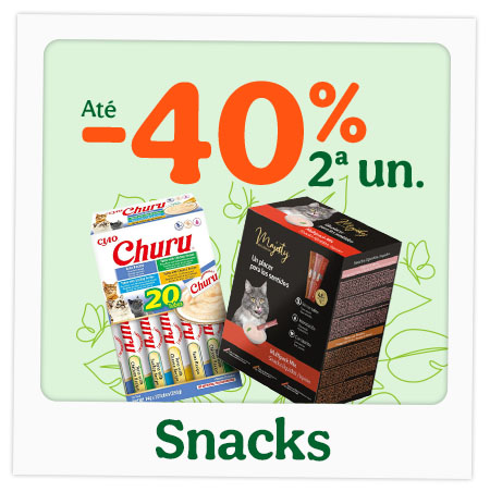 Até 50% de desconto na 2ª unidade de snacks para gato.