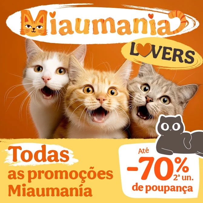 Promoções para gatos com até 70% de desconto em alimentação, snacks e acessórios.