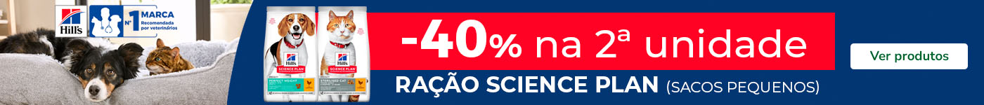 Promoção Hill’s Science Plan para cães: 40% de desconto na 2.ª unidade de ração seca em formatos pequenos.