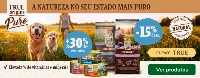 15% de desconto em ração e mais de 30% em húmidos da True Origins Pure para cães