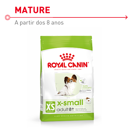 Royal Canin X-Small Mature 8+, ração indicada para cães seniores (+8 anos) de raças muito pequenas.
