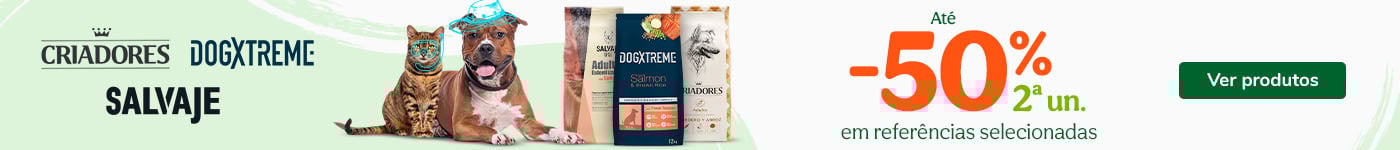 Promoção Criadores, Dogxtreme e Salvaje Original: 50% de desconto na 2.ª unidade de ração seca para cães.