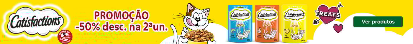 Catisfaction: 50% de desconto na 2ª unidade de snacks para gato.