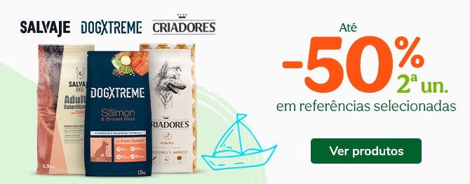 Promoção Criadores, Doxtreme e Salvaje Original: 50% de desconto na 2.ª unidade de ração seca para cães.