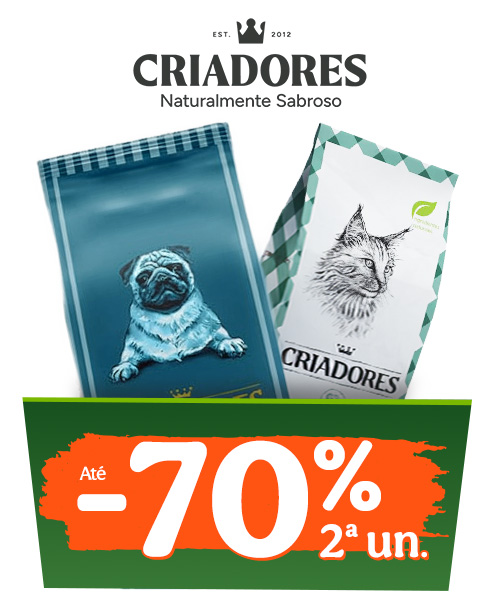 Até 70% de desconto na 2ª unidade numa seleção de ração, húmidos e snacks da Criadores para cão e gato.