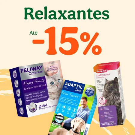 Até 15% de desconto numa seleção de produtos relaxantes para o seu patudo — ajude a reduzir o stress e a ansiedade com esta promoção especial.
