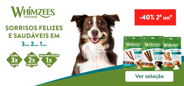 Whimzees: 40% de desconto na 2ª unidade de snacks para cão.