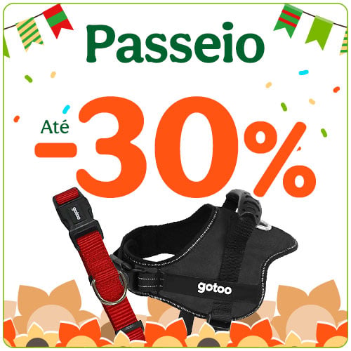 Acessórios de passeio com descontos até 30% (trelas, coleiras, peitorais, etc).