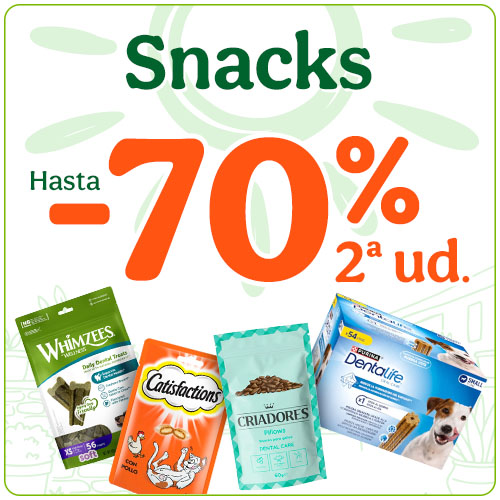 Hasta 70% dto en la 2ª unidad de snacks para tu peludo.